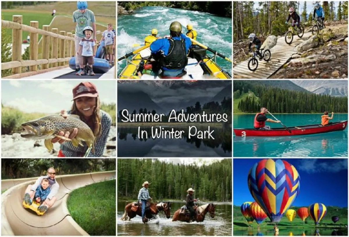 This vibrant outdoor scene shows families actively enjoying a variety of summer adventures, including river rafting, mountain biking, fishing, kayaking, horseback riding, and hot air ballooning. The landscape features blue skies, green spaces, and the lively energy of outdoor recreation.