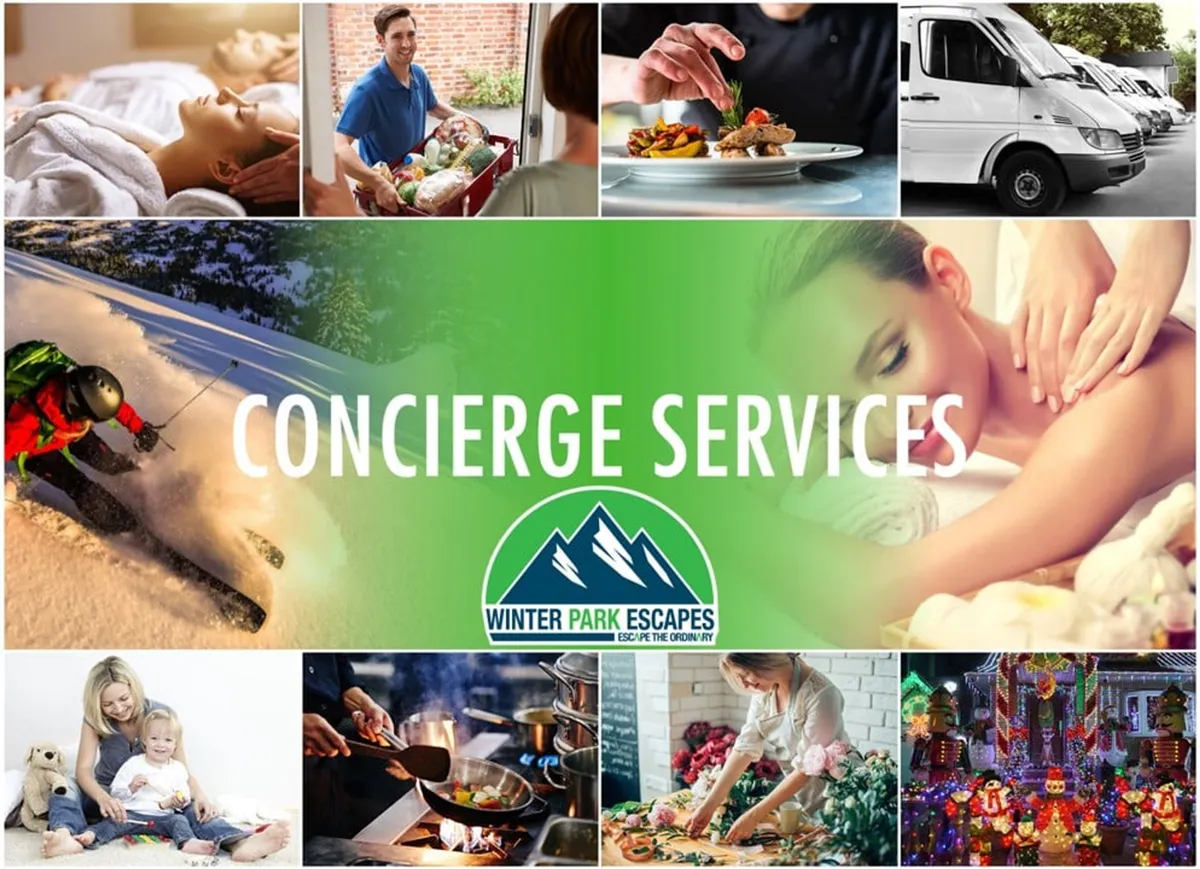 A thoughtfully composed scene that visually represents several optional concierge services available to guests, including a spa treatment setup, chef preparing food, and family bonding during a winter holiday. The image also hints at skiing activities and festive ambiance, tying together luxury, adventure, and convenience.