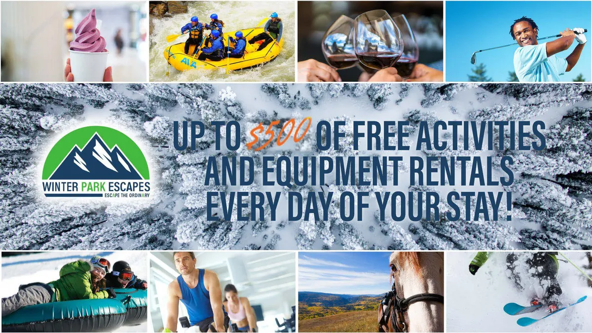A lively interior shot showcasing various adventure activities like rafting and skiing alongside appealing food and drink moments. The atmosphere is adventurous and joyful, emphasizing the complimentary activities and luxurious relaxation available to guests.