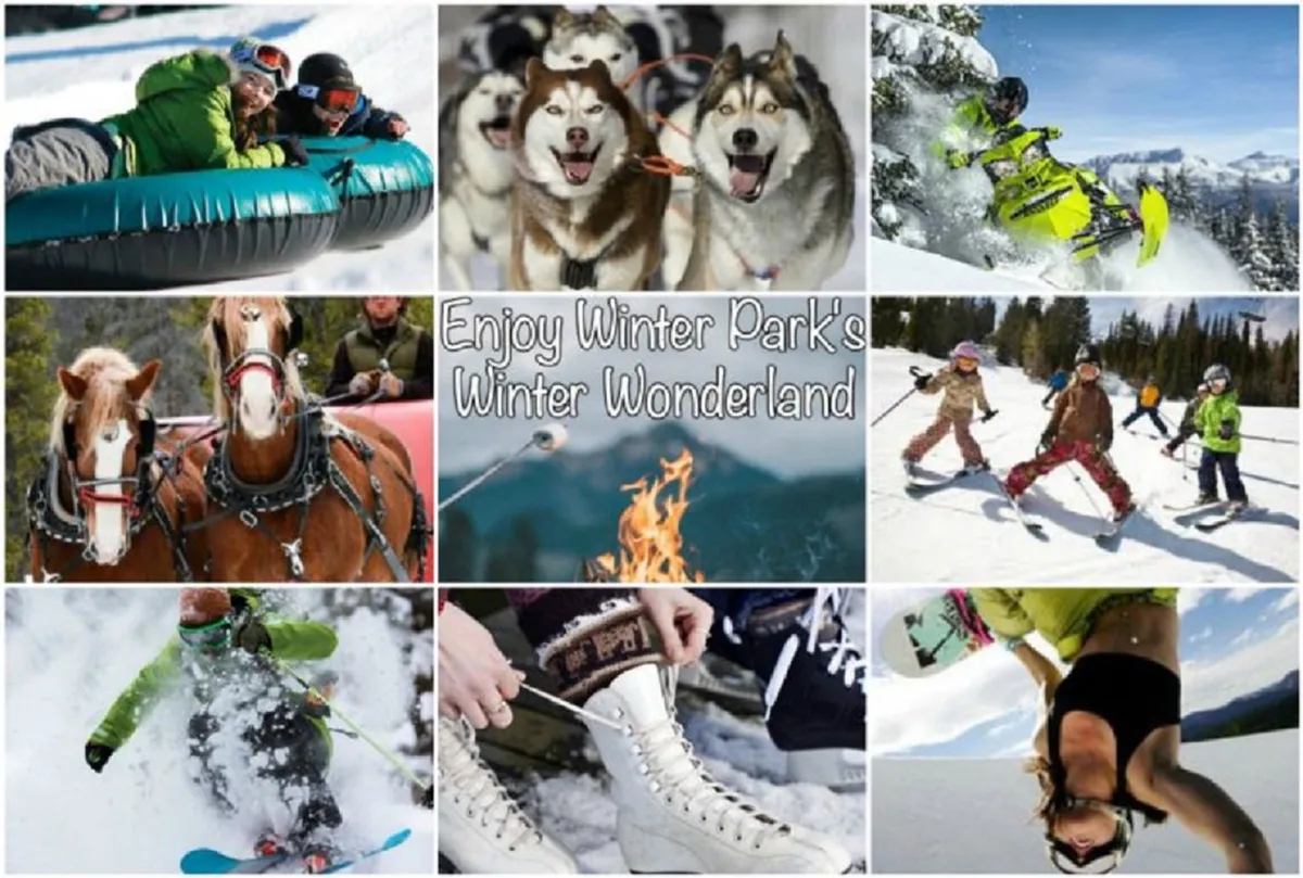 This dynamic exterior image captures a lively winter scene featuring people enjoying snow tubing, dog sledding, snowmobiling, and skiing, with a fire pit gathering visible in the background. The snowy landscape is bustling with activity and excitement, reflecting the full spectrum of winter thrills available at Winter Park Resort.